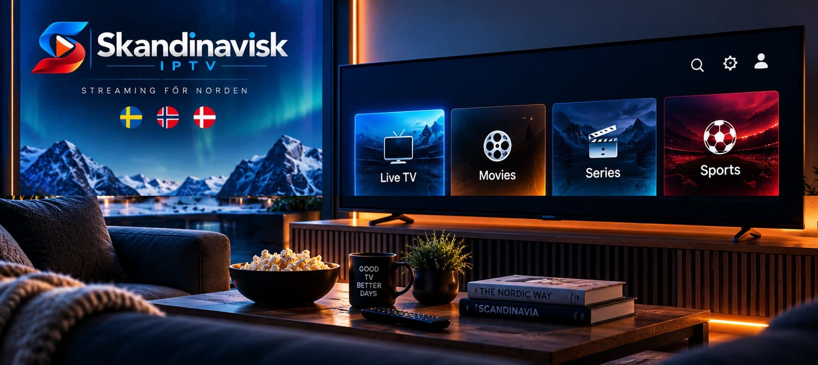 Skandinavisk IPTV på en stor TV i ett mysigt vardagsrum, med live-TV, filmer, serier och sport – IPTV i Danmark: Det Bør Du Vide